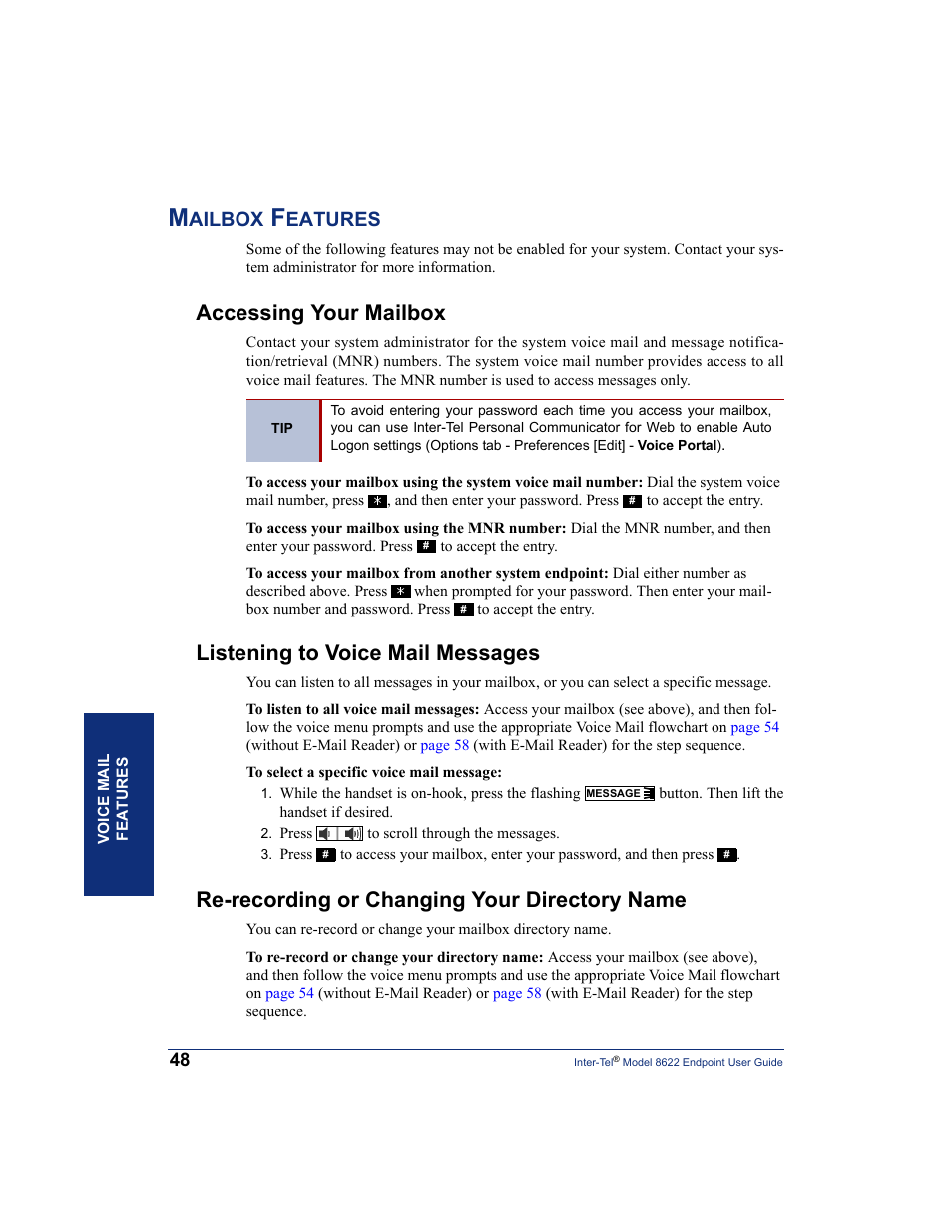 Mailbox features, Accessing your mailbox, Listening to voice mail messages | Re-recording or changing your directory name, Ailbox, Eatures | Inter-Tel 8622 User Manual | Page 62 / 90