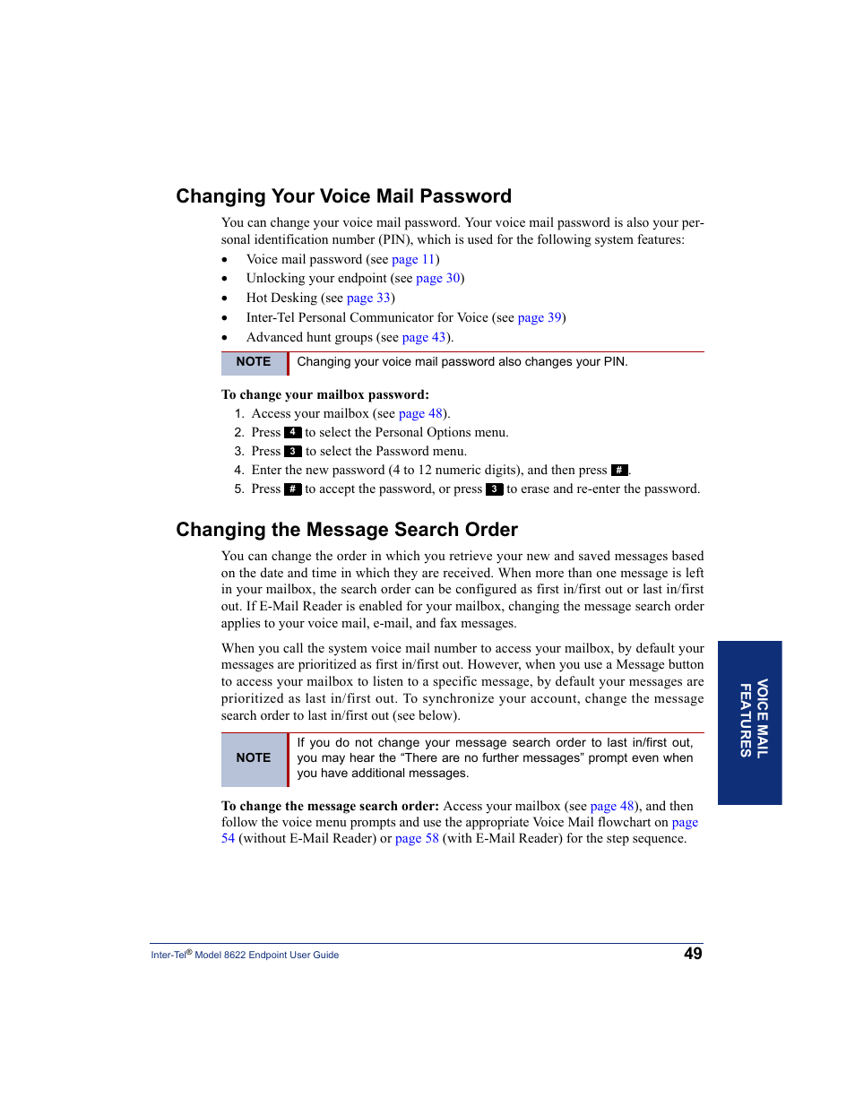 Changing your voice mail password, Changing the message search order | Inter-Tel 8622 User Manual | Page 63 / 90