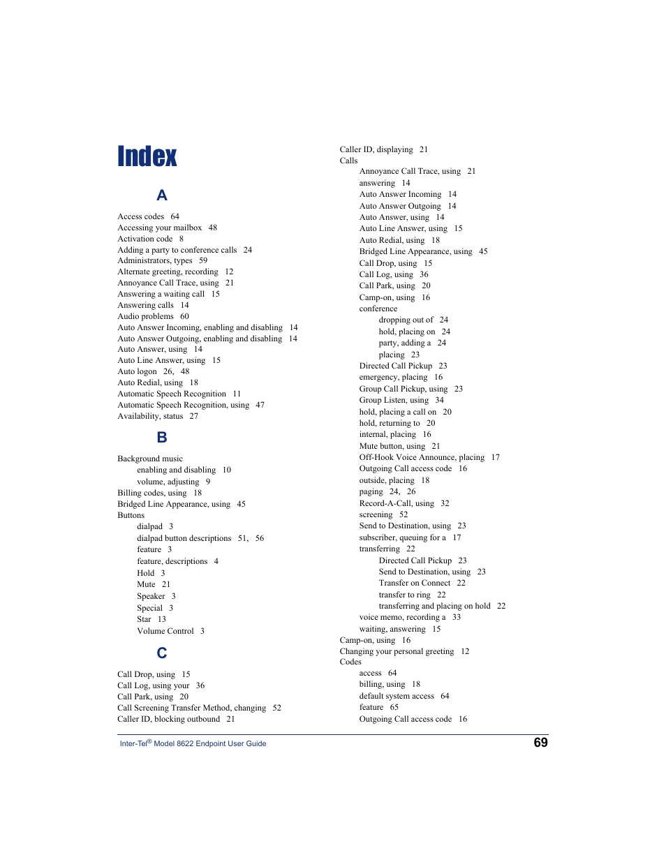 Index | Inter-Tel 8622 User Manual | Page 83 / 90