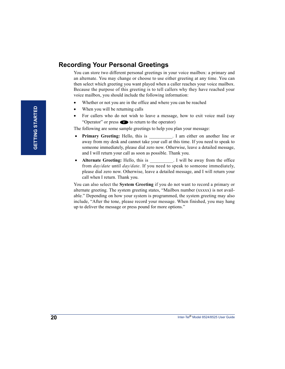 Recording your personal greetings | Inter-Tel USER GUIDE 8525 User Manual | Page 32 / 112