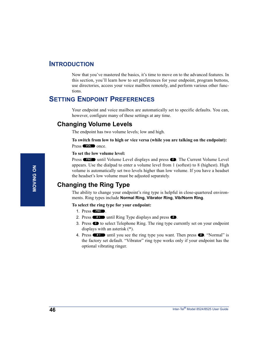 Introduction, Setting endpoint preferences, Changing volume levels | Changing the ring type, Introduction setting endpoint preferences, Changing volume levels changing the ring type, Ntroduction, Etting, Ndpoint, References | Inter-Tel USER GUIDE 8525 User Manual | Page 58 / 112