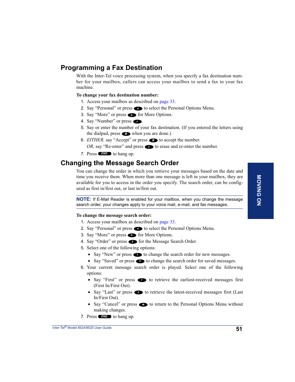 Programming a fax destination, Changing the message search order | Inter-Tel USER GUIDE 8525 User Manual | Page 63 / 112