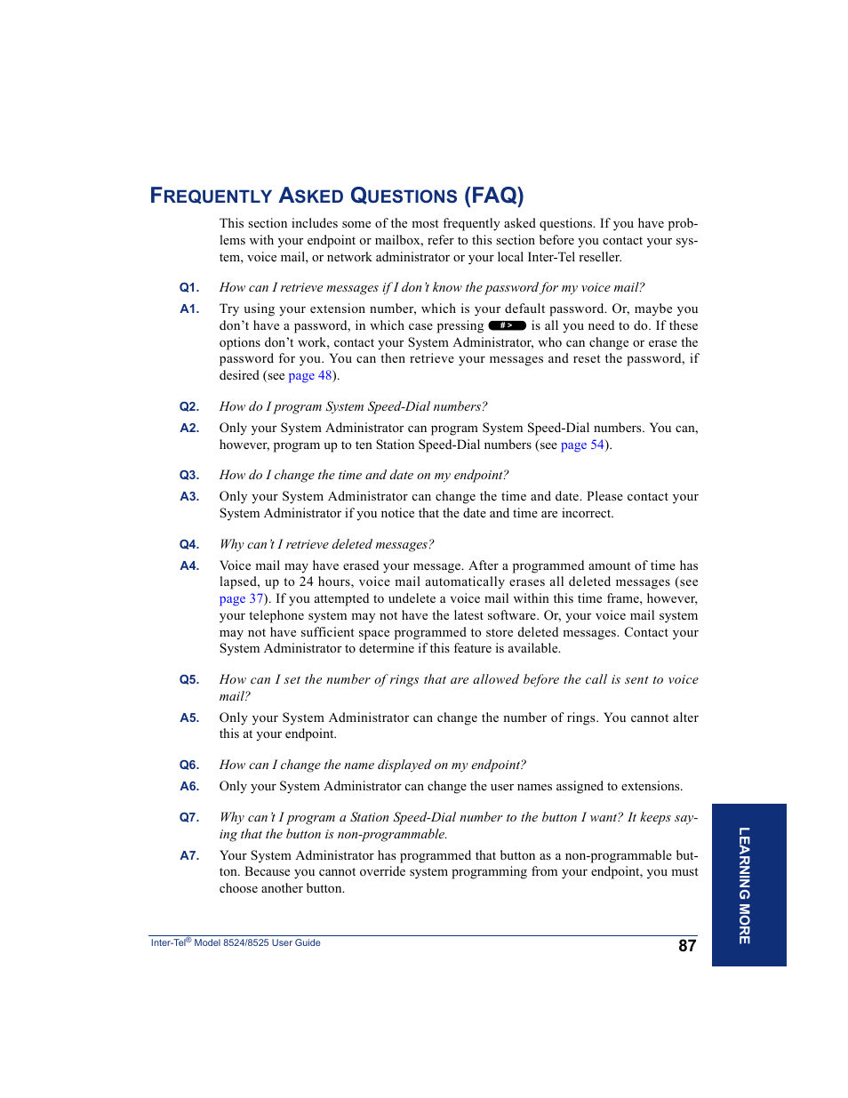 Frequently asked questions (faq), Faq), Requently | Sked, Uestions | Inter-Tel USER GUIDE 8525 User Manual | Page 99 / 112