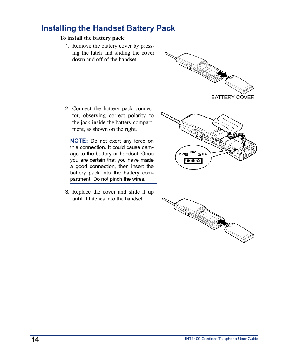 Installing the handset battery pack | Inter-Tel INT1400 User Manual | Page 26 / 44