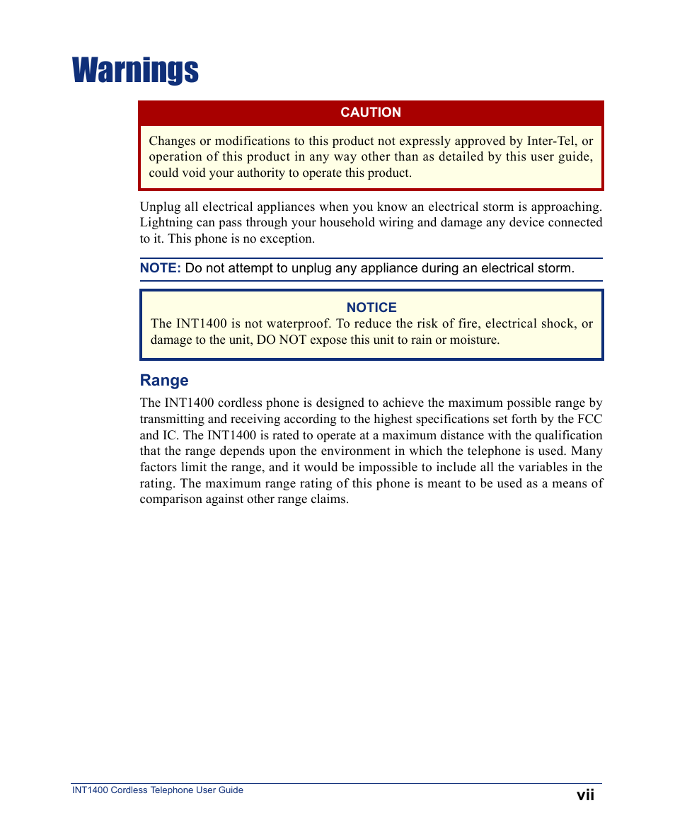 Warnings | Inter-Tel INT1400 User Manual | Page 9 / 44
