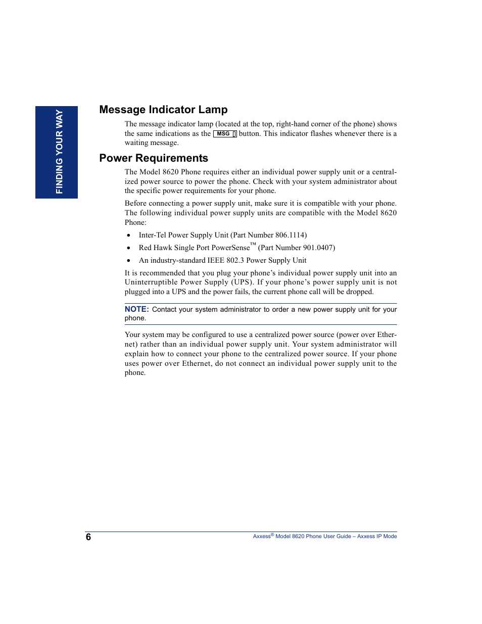 Message indicator lamp, Power requirements | Inter-Tel AXXESS IP MODE 8620 User Manual | Page 16 / 88