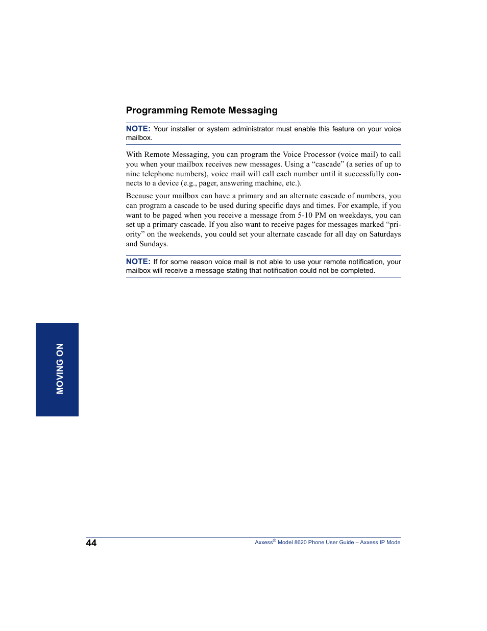 Programming remote messaging | Inter-Tel AXXESS IP MODE 8620 User Manual | Page 54 / 88