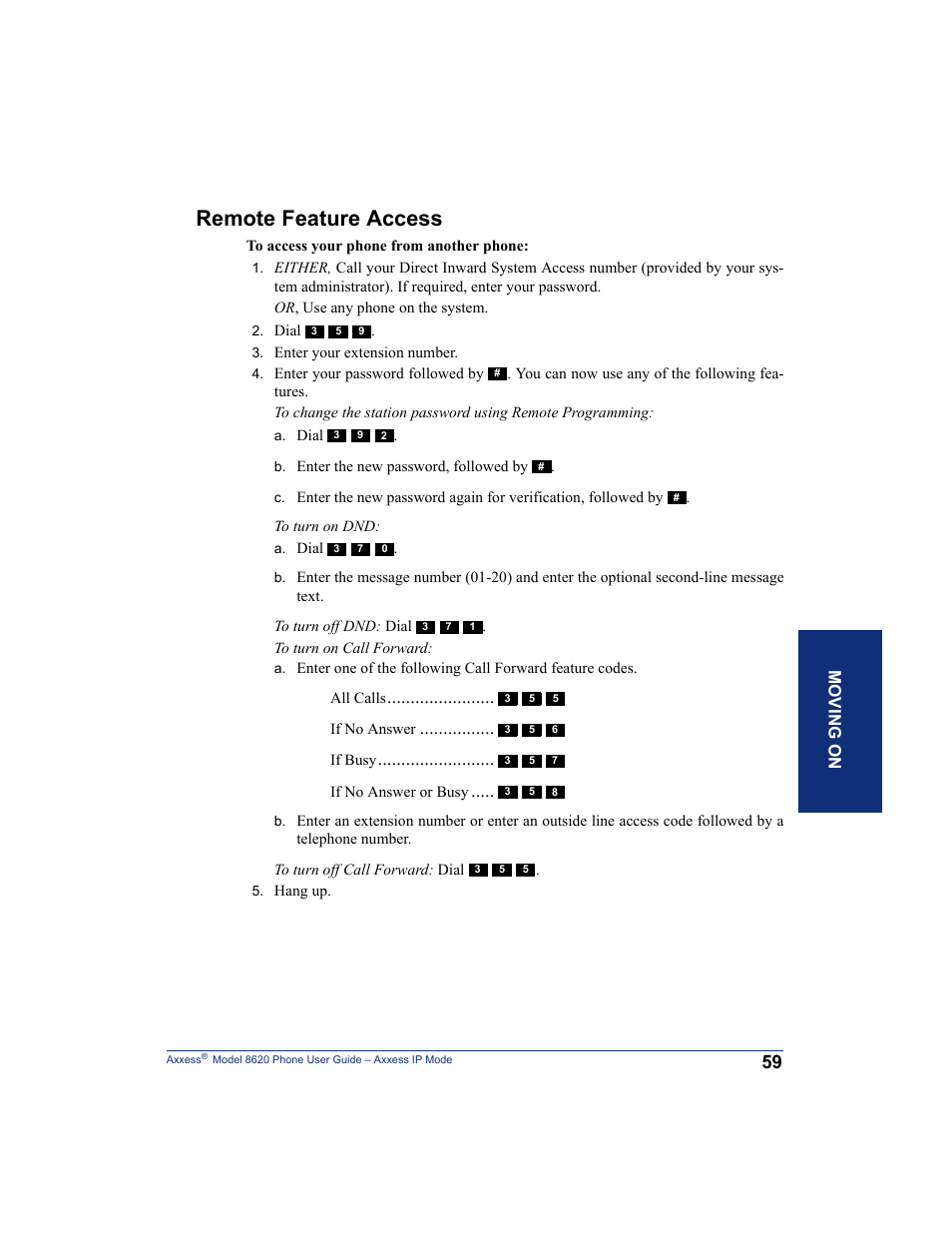 Remote feature access | Inter-Tel AXXESS IP MODE 8620 User Manual | Page 69 / 88