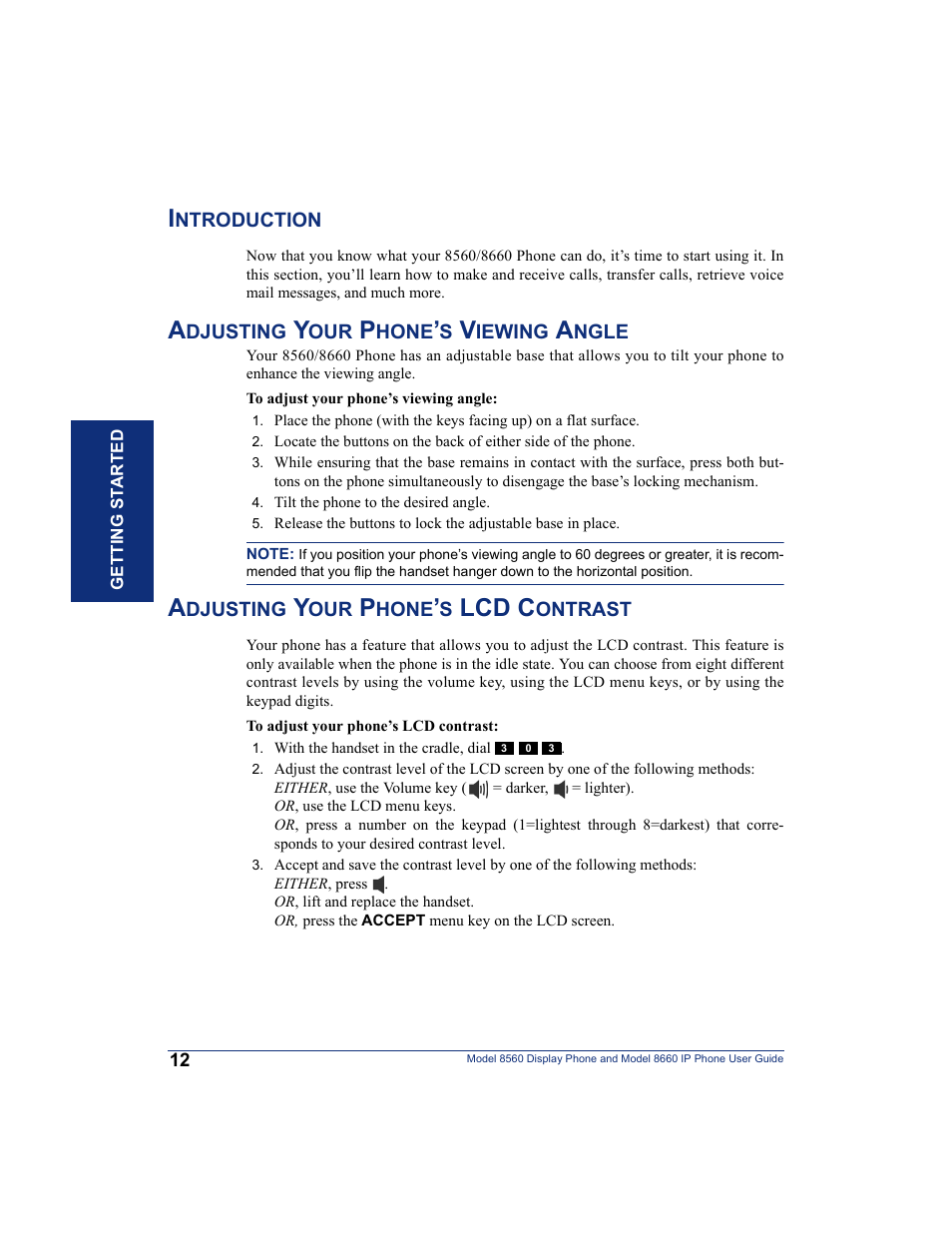 Introduction, Adjusting your phone’s viewing angle, Adjusting your phone’s lcd contrast | Lcd c | Inter-Tel AXXESS 8560 User Manual | Page 22 / 92