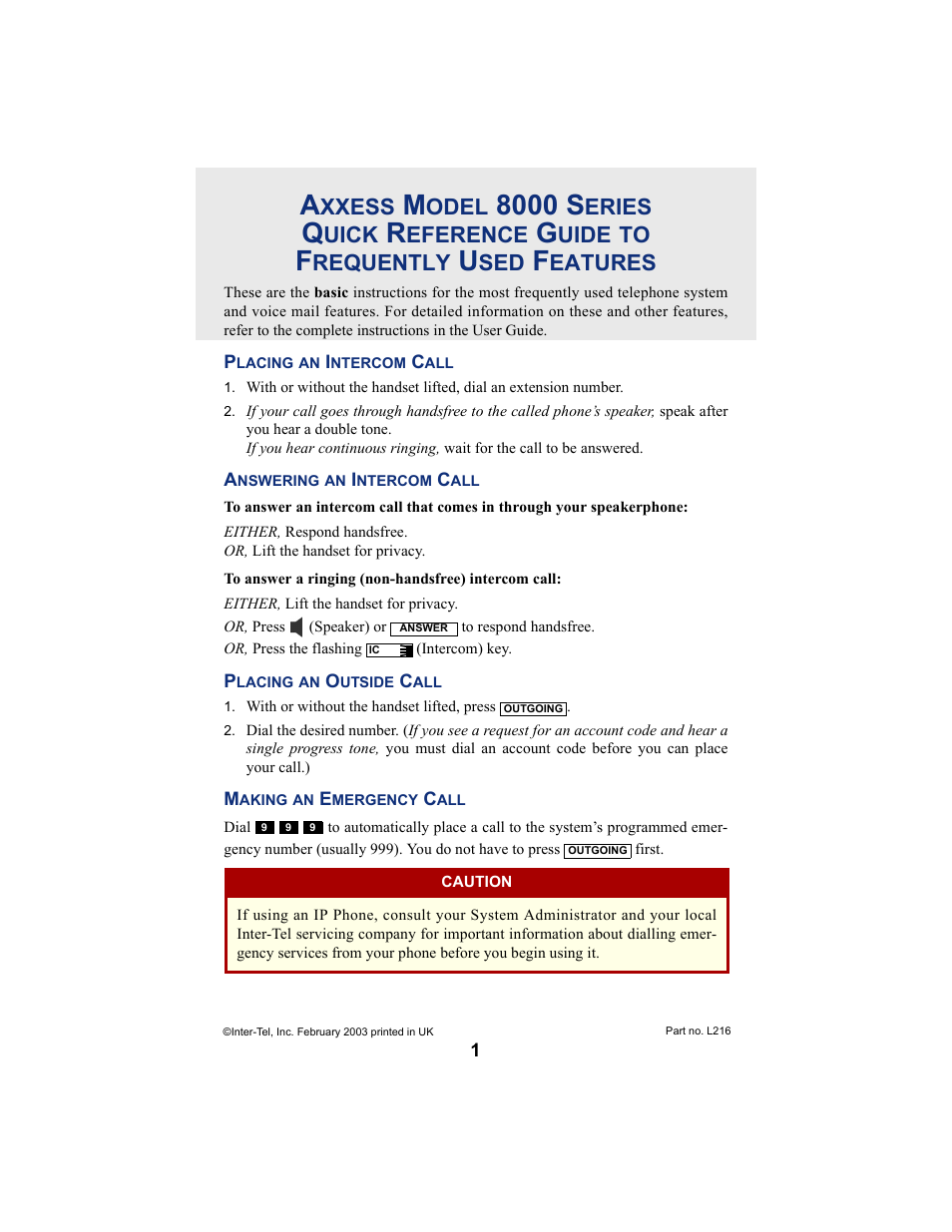 8000 s, Xxess, Odel | Eries, Uick, Eference, Uide, Requently, Eatures | Inter-Tel AXXESS 8560 User Manual | Page 3 / 92