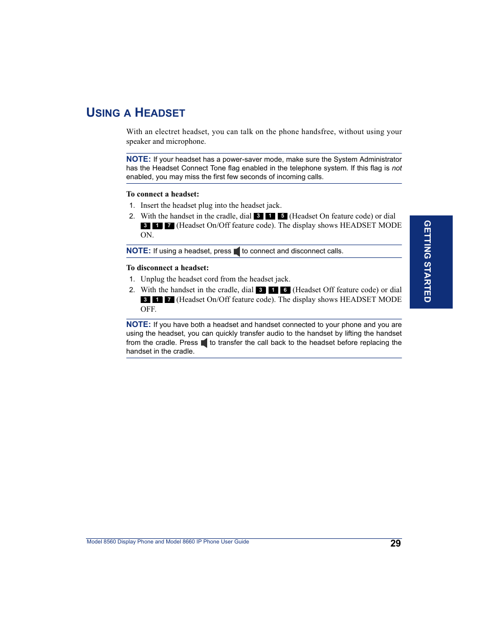 Using a headset, Feature code (see, Sing | Eadset | Inter-Tel AXXESS 8560 User Manual | Page 39 / 92