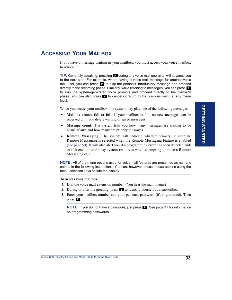 Accessing your mailbox, Ccessing, Ailbox | Inter-Tel AXXESS 8560 User Manual | Page 43 / 92