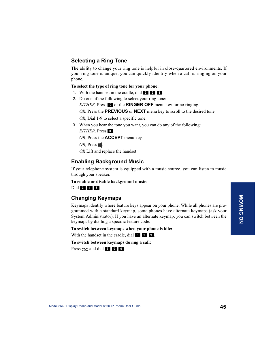 Selecting a ring tone, Enabling background music, Changing keymaps | Inter-Tel AXXESS 8560 User Manual | Page 55 / 92