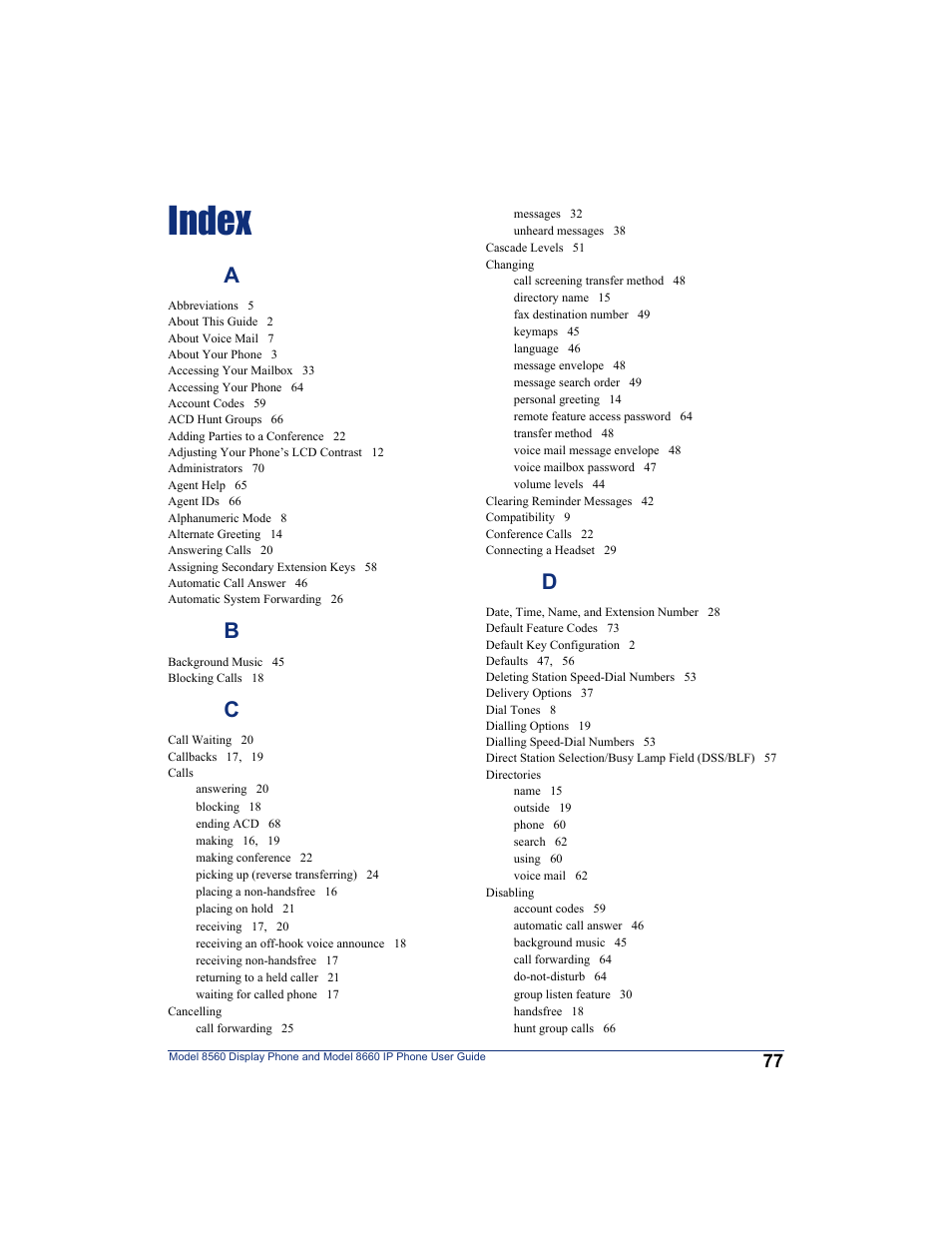 Index | Inter-Tel AXXESS 8560 User Manual | Page 87 / 92