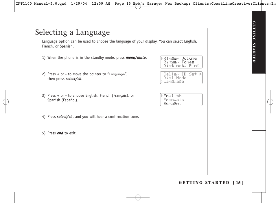 Selecting a language | Inter-Tel INT1100 User Manual | Page 15 / 46