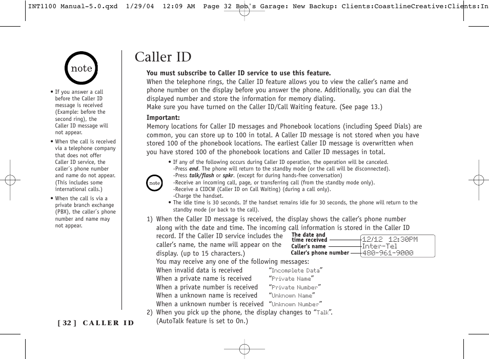 Caller id | Inter-Tel INT1100 User Manual | Page 32 / 46