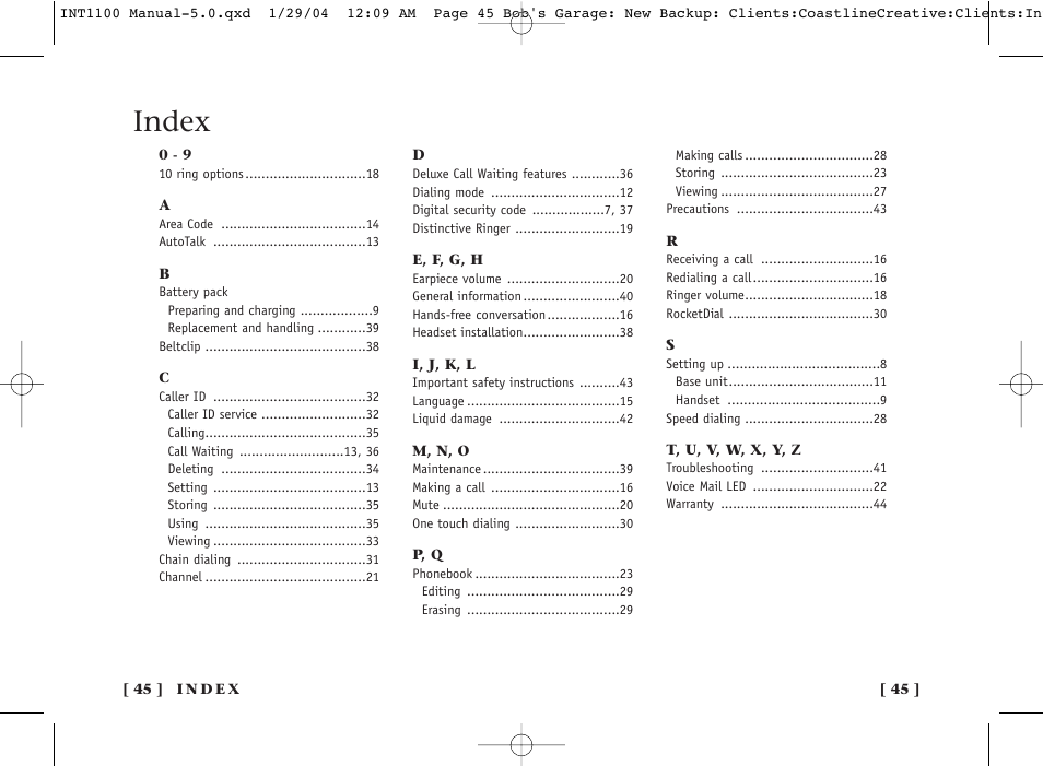 Index | Inter-Tel INT1100 User Manual | Page 45 / 46