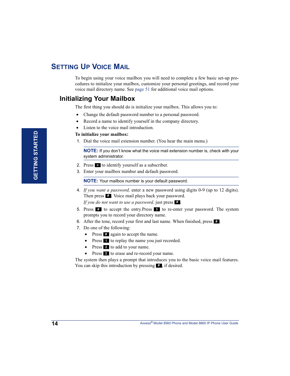 Setting up voice mail, Initializing your mailbox, Etting | Oice | Inter-Tel AXXESS 8660 User Manual | Page 24 / 98