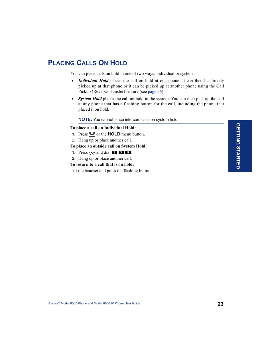 Placing calls on hold | Inter-Tel AXXESS 8660 User Manual | Page 33 / 98