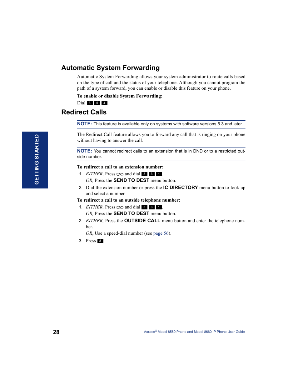 Automatic system forwarding, Redirect calls | Inter-Tel AXXESS 8660 User Manual | Page 38 / 98