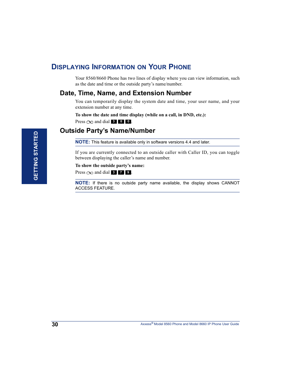 Displaying information on your phone, Date, time, name, and extension number, Outside party’s name/number | Inter-Tel AXXESS 8660 User Manual | Page 40 / 98