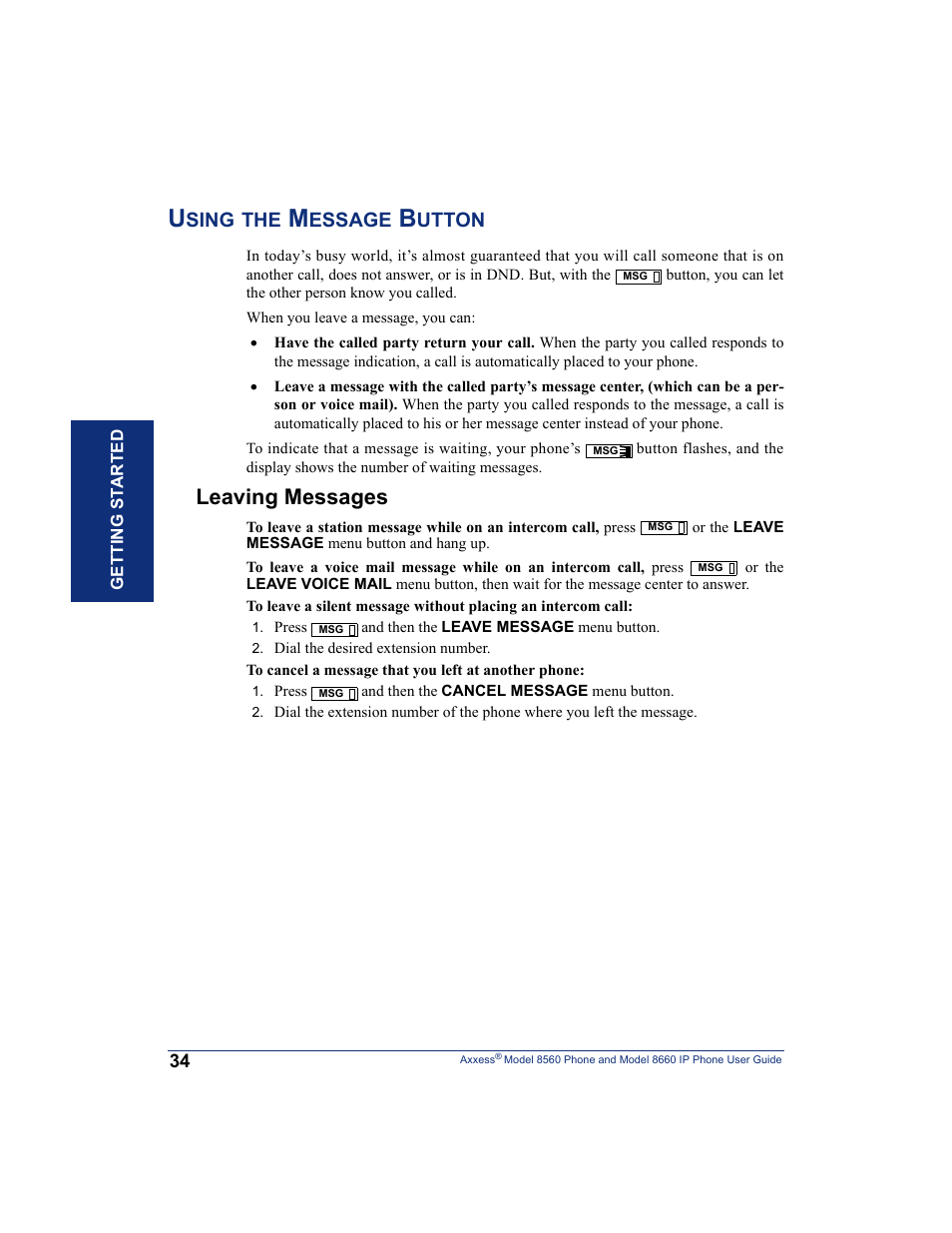 Using the message button, Leaving messages, Sing | Essage, Utton | Inter-Tel AXXESS 8660 User Manual | Page 44 / 98