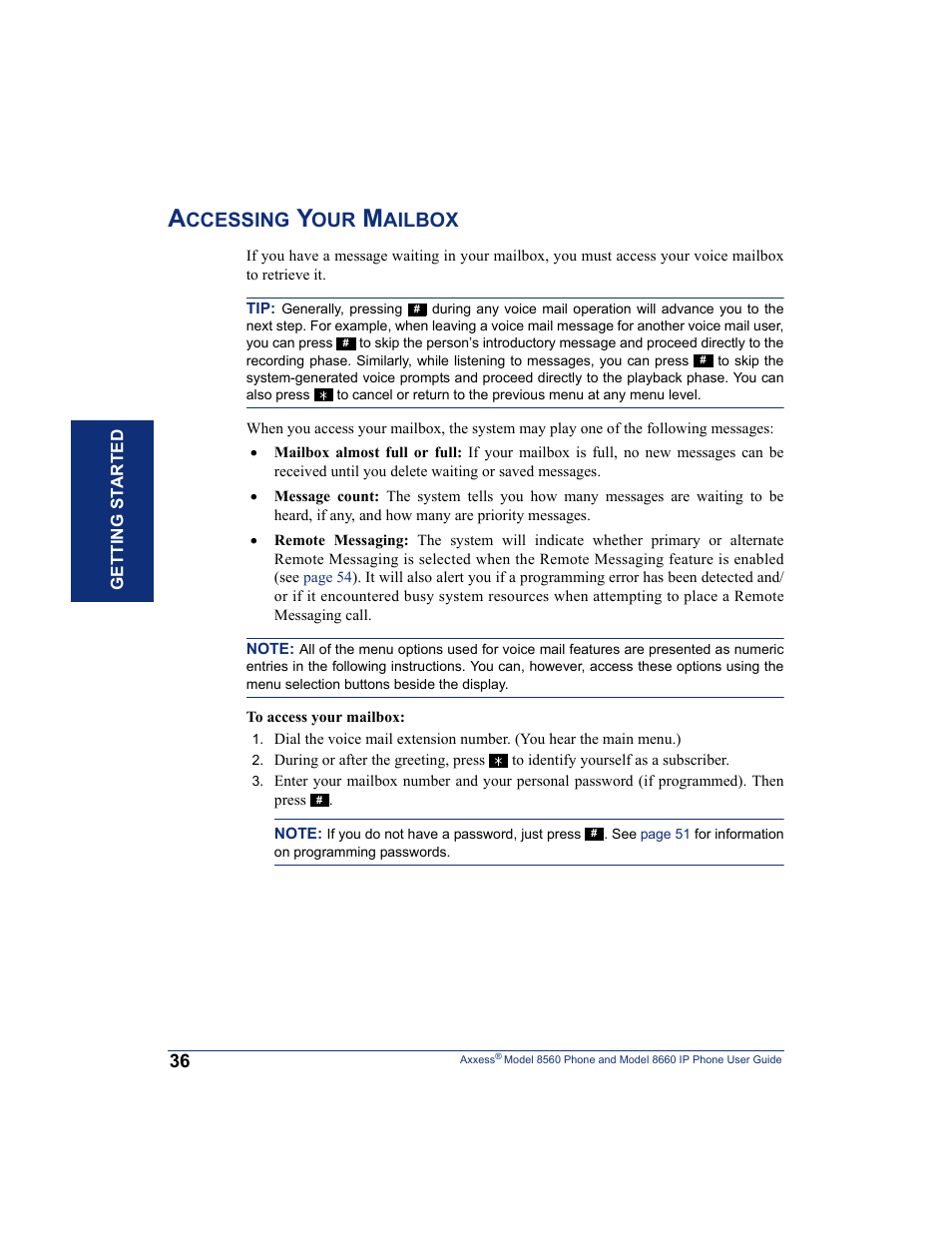 Accessing your mailbox, Ccessing, Ailbox | Inter-Tel AXXESS 8660 User Manual | Page 46 / 98