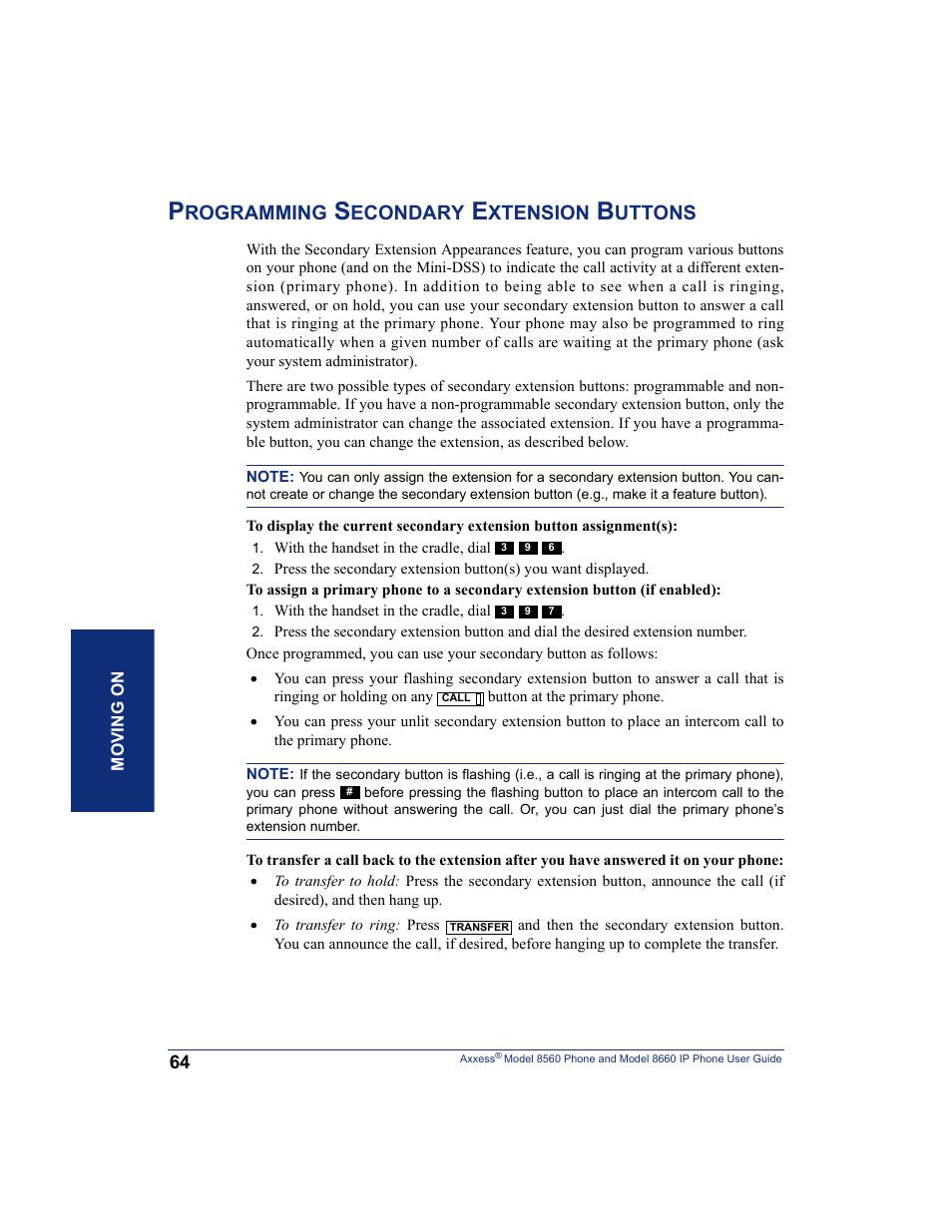 Programming secondary extension buttons, Rogramming, Econdary | Xtension, Uttons | Inter-Tel AXXESS 8660 User Manual | Page 74 / 98