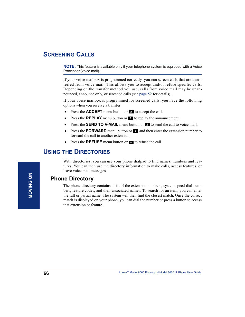 Screening calls, Using the directories, Phone directory | Screening calls using the directories | Inter-Tel AXXESS 8660 User Manual | Page 76 / 98