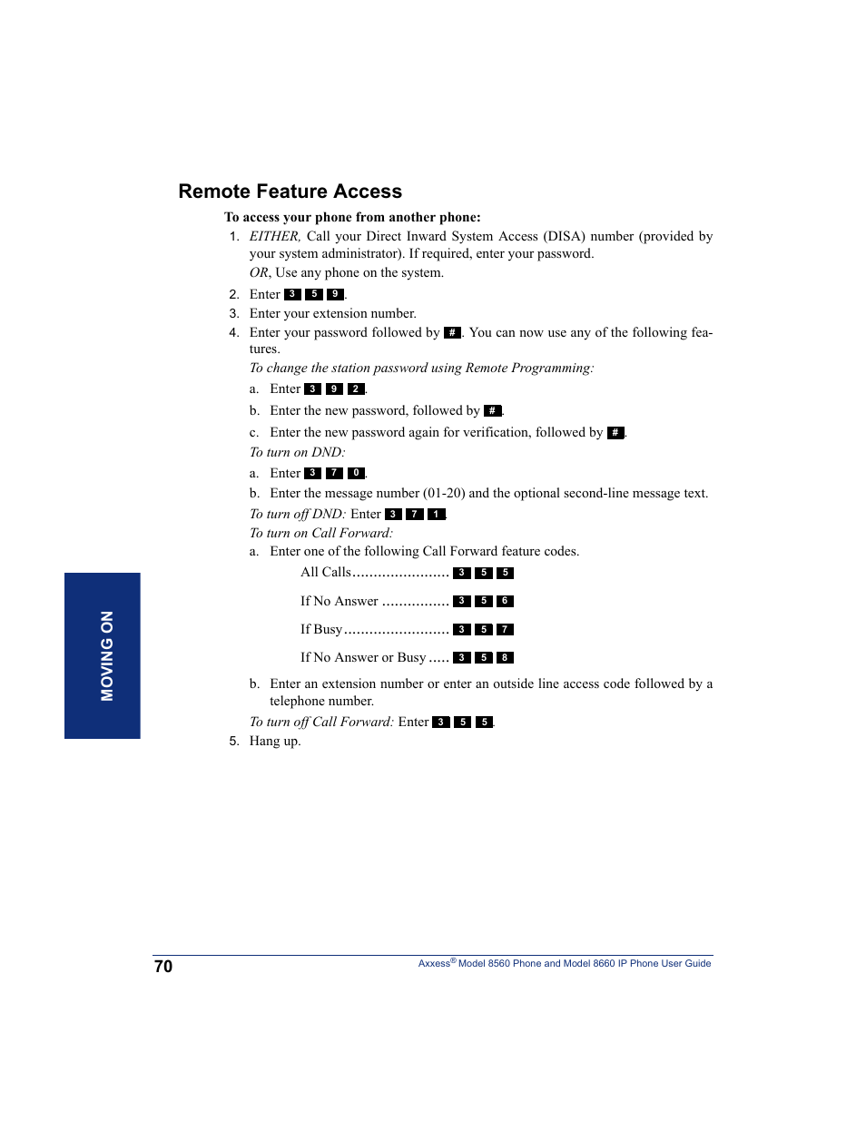 Remote feature access, Moving on | Inter-Tel AXXESS 8660 User Manual | Page 80 / 98