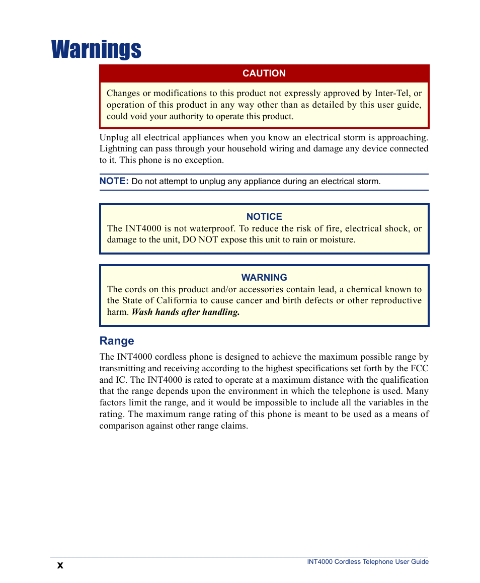 Warnings | Inter-Tel INT4000 User Manual | Page 10 / 92