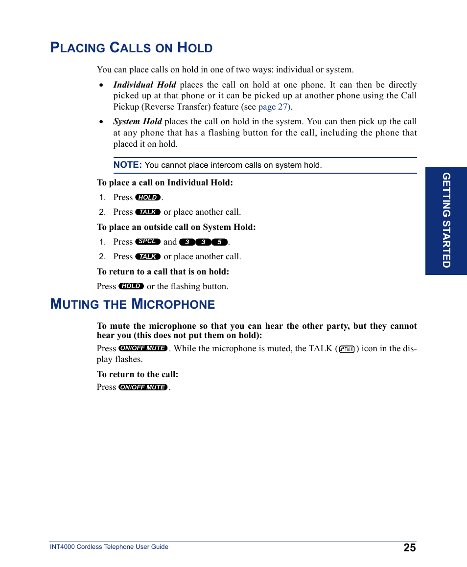 Placing calls on hold, Placing calls on hold muting the microphone, Lacing | Alls, Uting, Icrophone | Inter-Tel INT4000 User Manual | Page 37 / 92