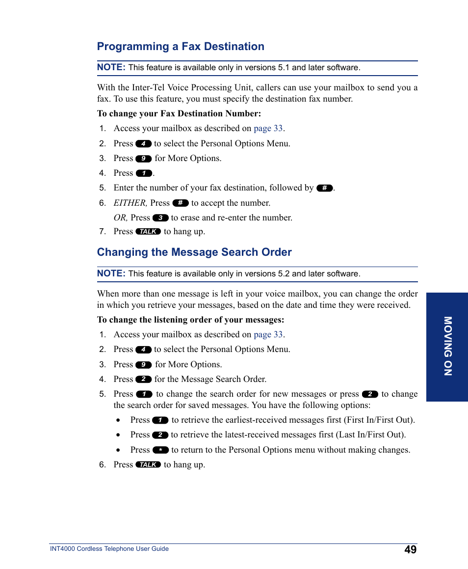 Programming a fax destination, Changing the message search order | Inter-Tel INT4000 User Manual | Page 61 / 92