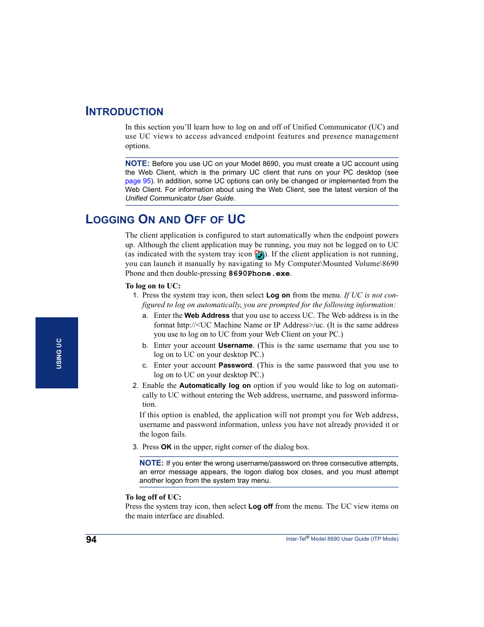 Introduction, Logging on and off of uc, Introduction logging on and off of uc | Inter-Tel ENDPOINT 8690 User Manual | Page 100 / 156