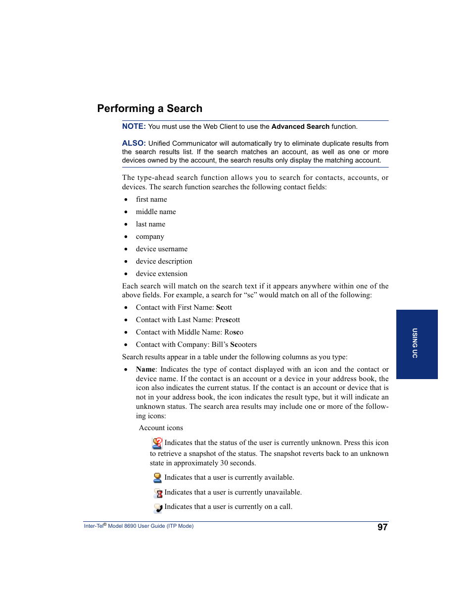 Performing a search, Search feature (see | Inter-Tel ENDPOINT 8690 User Manual | Page 103 / 156