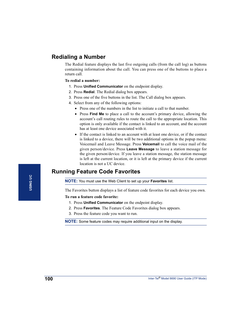 Redialing a number, Running feature code favorites, Redialing a number running feature code favorites | Inter-Tel ENDPOINT 8690 User Manual | Page 106 / 156