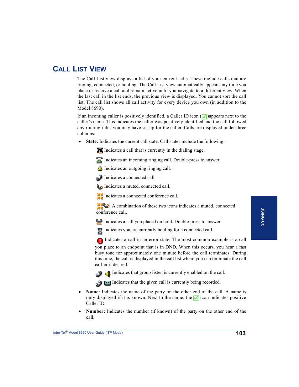 Call list view, Various messages (see | Inter-Tel ENDPOINT 8690 User Manual | Page 109 / 156