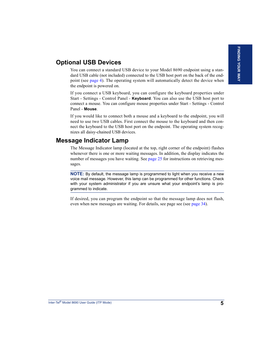 Optional usb devices, Message indicator lamp | Inter-Tel ENDPOINT 8690 User Manual | Page 11 / 156