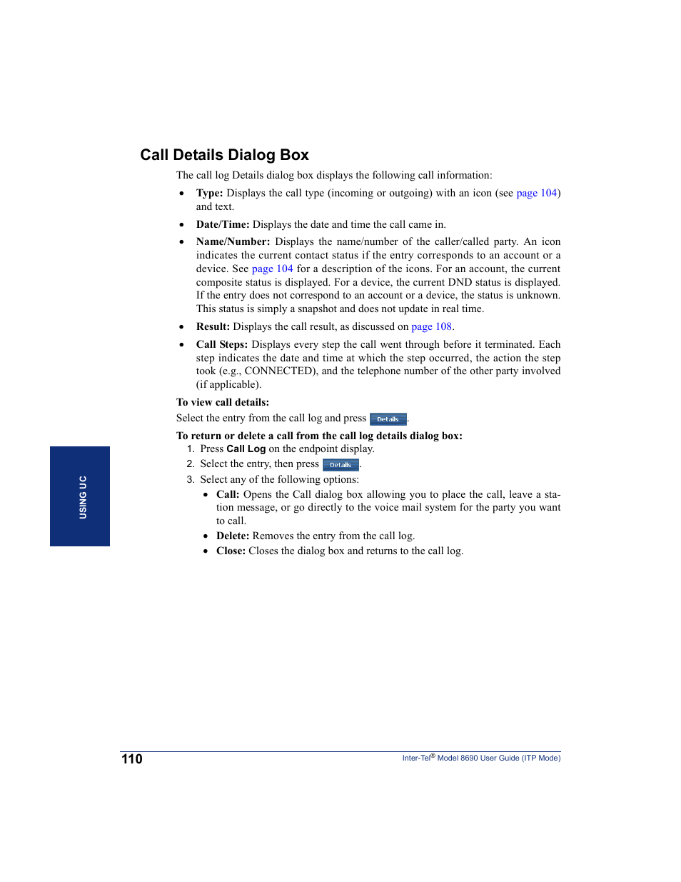 Call details dialog box | Inter-Tel ENDPOINT 8690 User Manual | Page 116 / 156