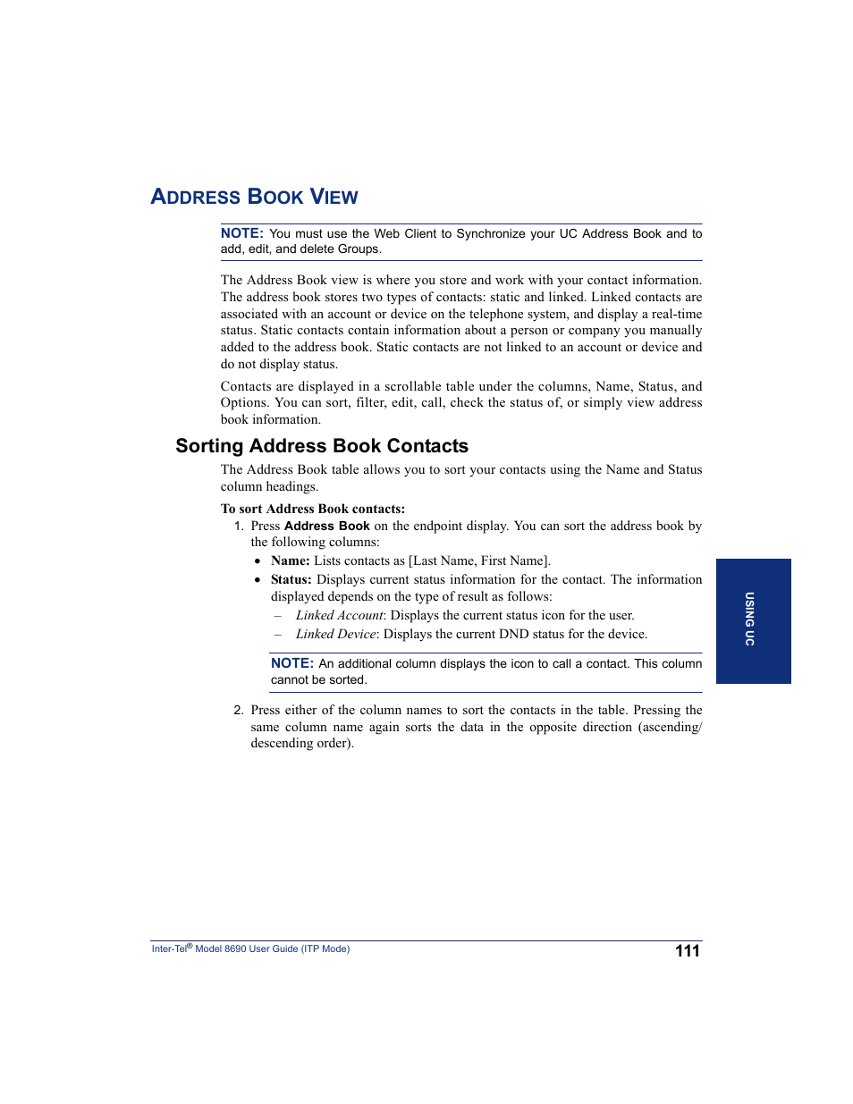 Address book view, Sorting address book contacts | Inter-Tel ENDPOINT 8690 User Manual | Page 117 / 156