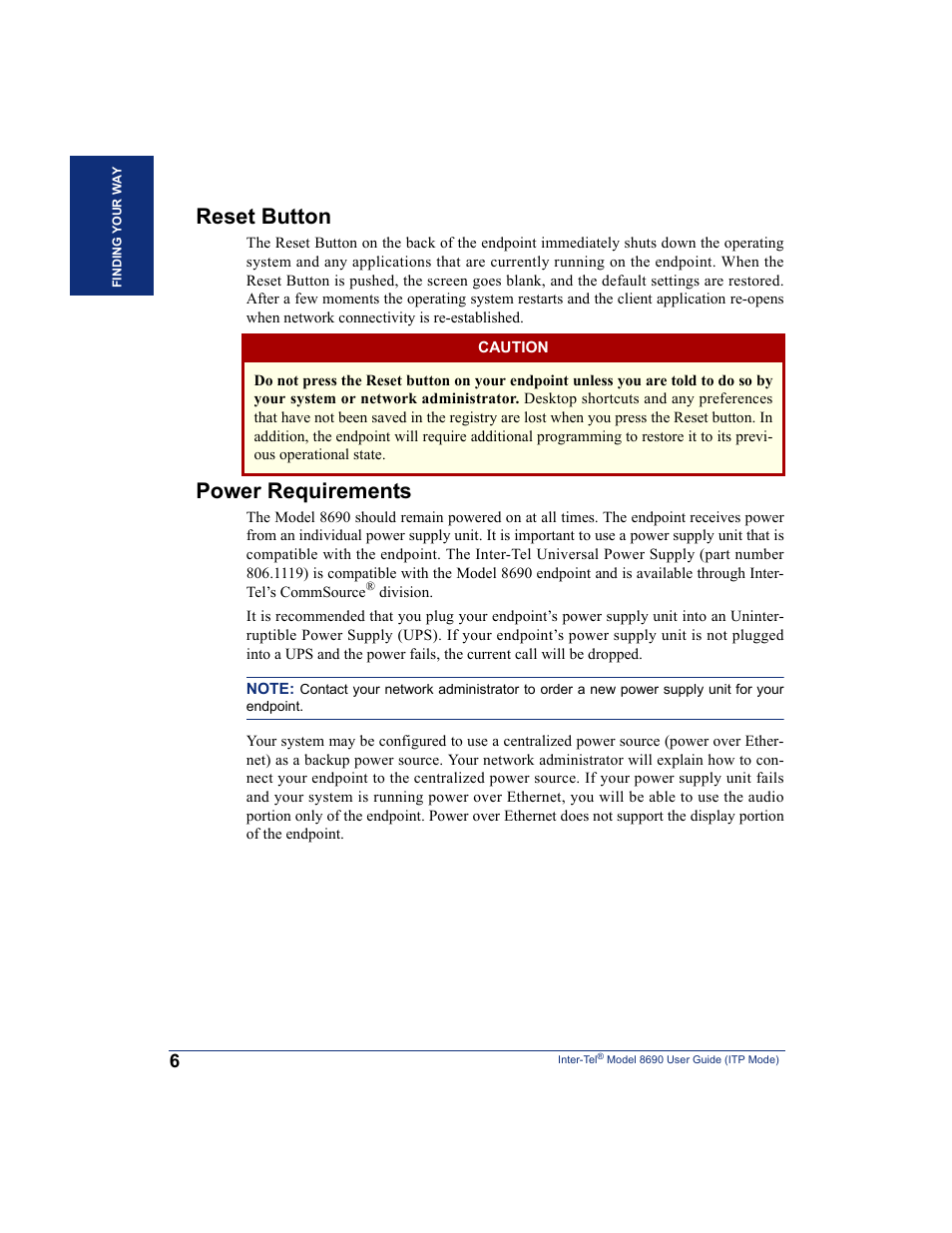 Reset button, Power requirements, Reset button power requirements | Inter-Tel ENDPOINT 8690 User Manual | Page 12 / 156