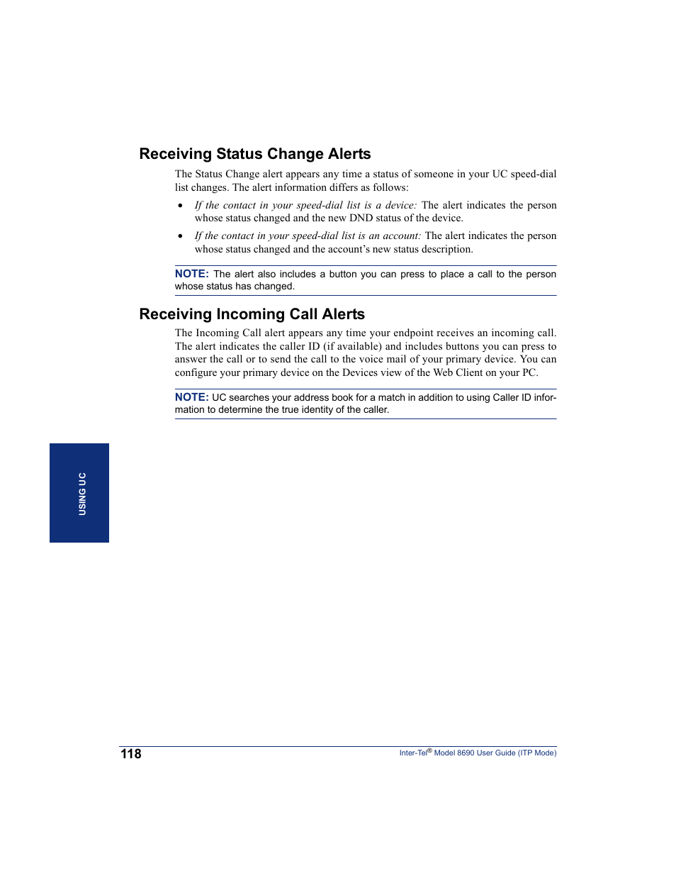 Receiving status change alerts, Receiving incoming call alerts | Inter-Tel ENDPOINT 8690 User Manual | Page 124 / 156