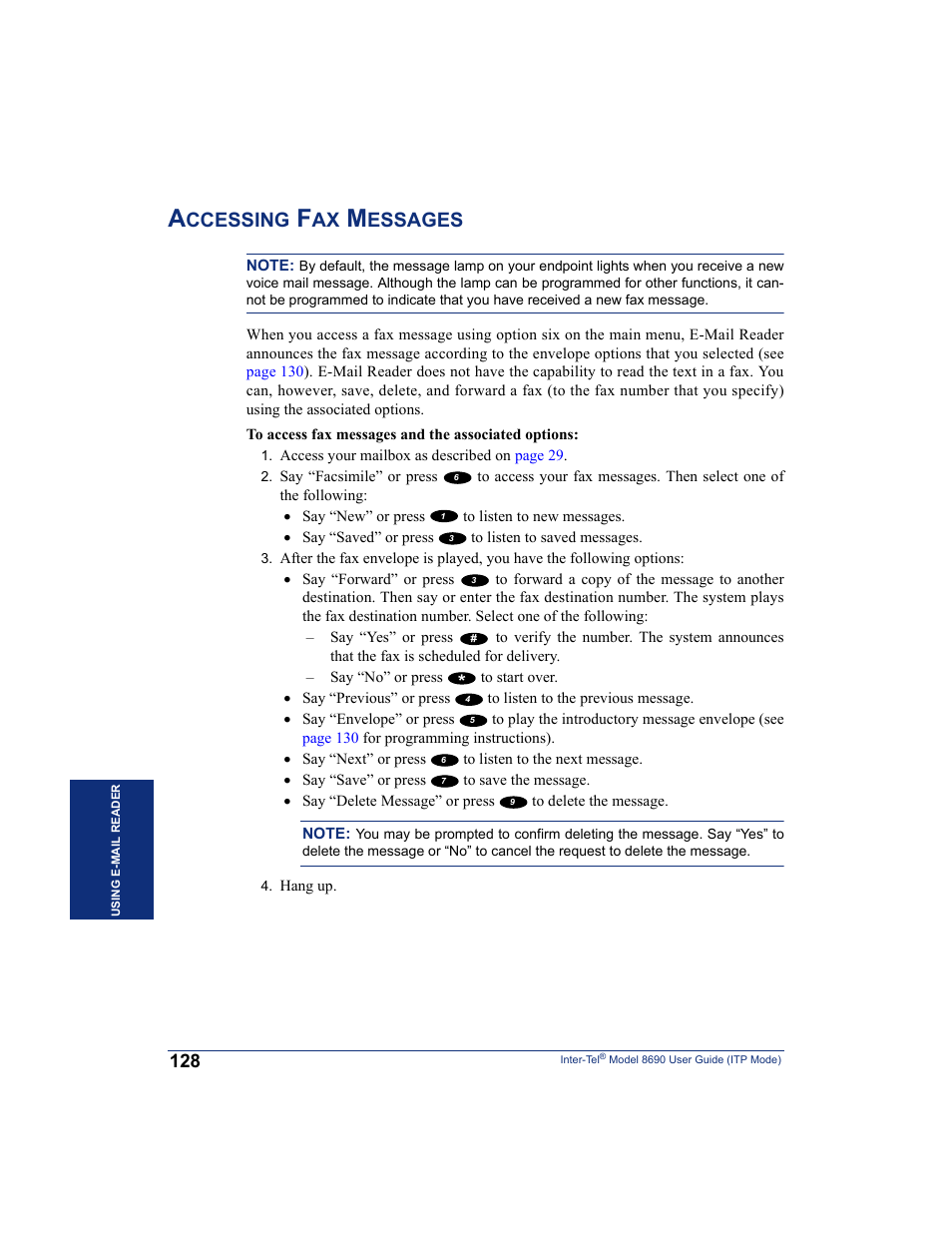 Accessing fax messages, Pted (see, Ccessing | Essages | Inter-Tel ENDPOINT 8690 User Manual | Page 134 / 156