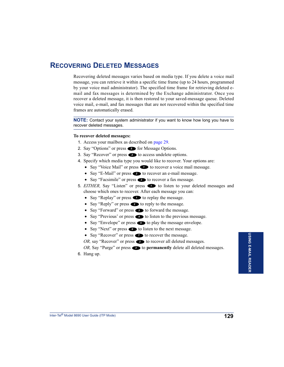 Recovering deleted messages, For in, Ecovering | Eleted, Essages | Inter-Tel ENDPOINT 8690 User Manual | Page 135 / 156
