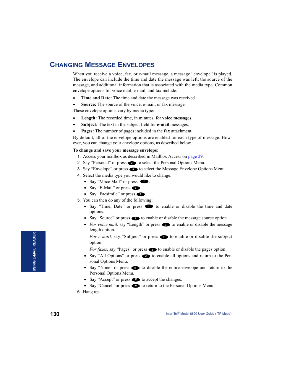 Changing message envelopes, E-mail, Hanging | Essage, Nvelopes | Inter-Tel ENDPOINT 8690 User Manual | Page 136 / 156