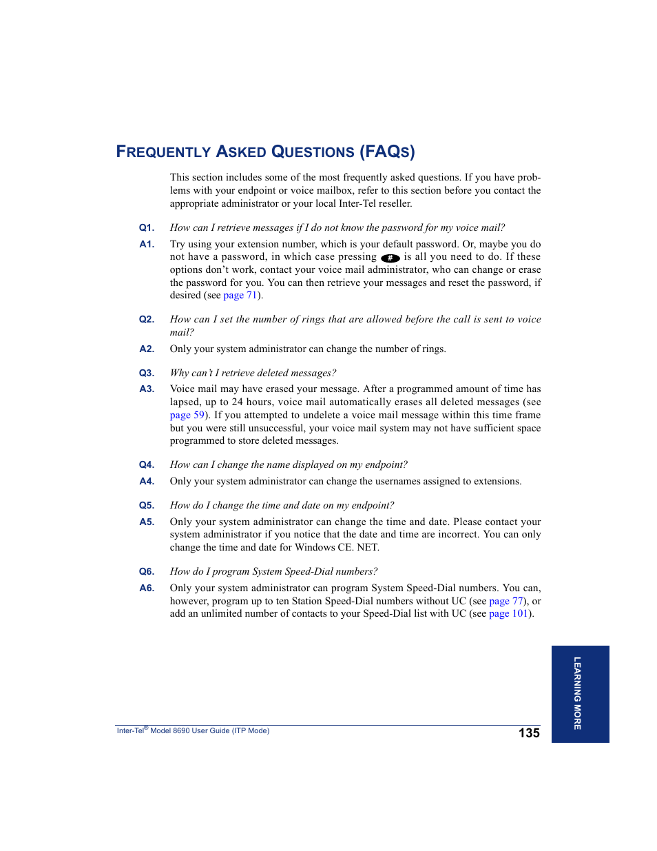 Frequently asked questions (faqs), Requently, Sked | Uestions | Inter-Tel ENDPOINT 8690 User Manual | Page 141 / 156