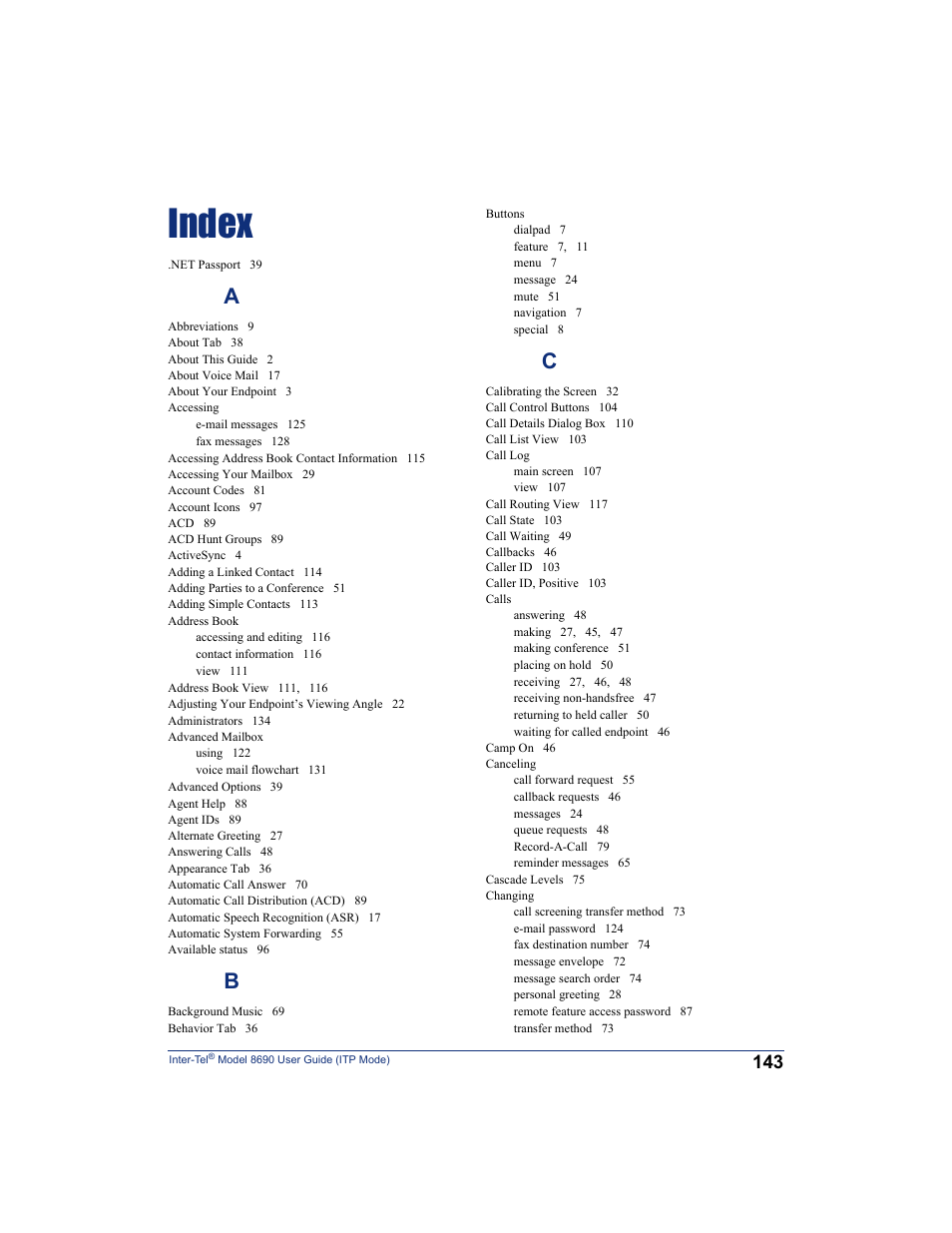 Index, Index (see | Inter-Tel ENDPOINT 8690 User Manual | Page 149 / 156