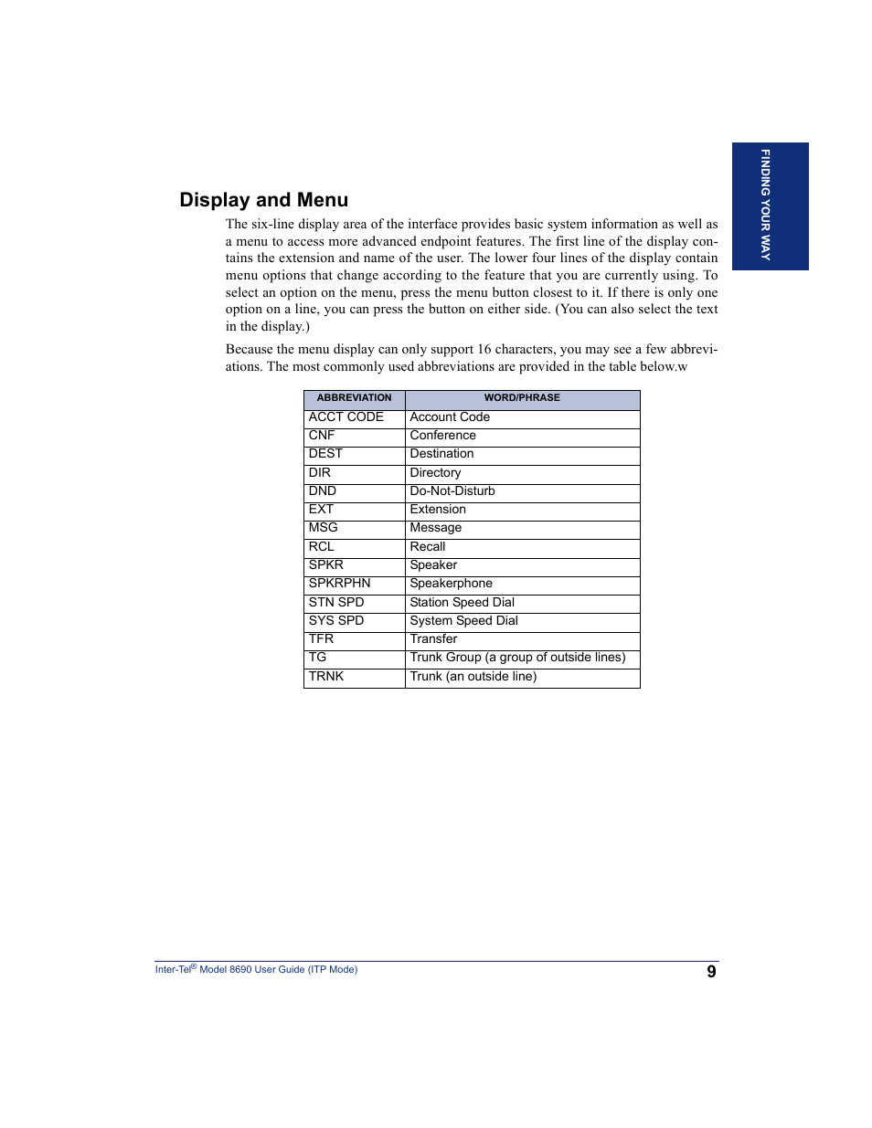 Display and menu | Inter-Tel ENDPOINT 8690 User Manual | Page 15 / 156
