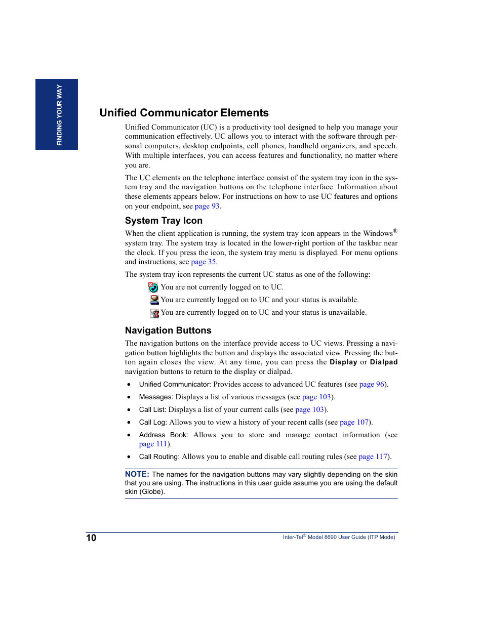 Unified communicator elements, Unified communicator, Elements | System tray icon, Navigation buttons | Inter-Tel ENDPOINT 8690 User Manual | Page 16 / 156