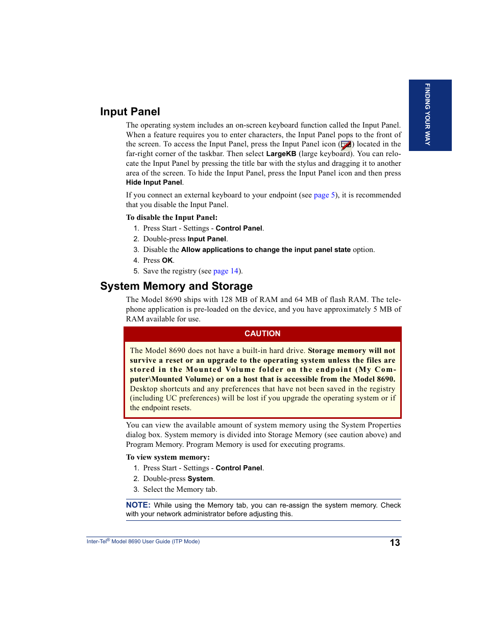Input panel, System memory and storage, Input panel system memory and storage | Inter-Tel ENDPOINT 8690 User Manual | Page 19 / 156